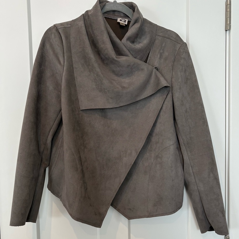 Anne Klein Gray Faux Suede Asymmetrical Draped Collar Moto Jacket, Size Medium
